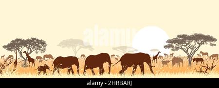 Silhouettes of wild animals of the African savanna, against the background of trees and the sun. Stock Vector