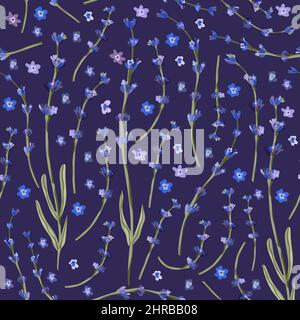 Lavender flower seamless pattern on a dark purple background Stock Vector