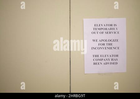 Elevator under maintenance. Broken elevator in open lift shaft. Out of