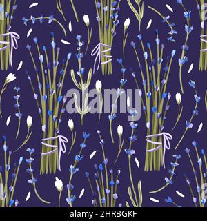 Lavender Provence flower seamless pattern on a dark purple background Stock Vector