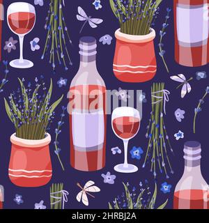 Lavender flower and red wine seamless pattern on a dark purple background Stock Vector