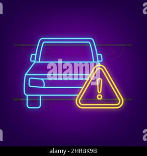 Car and warning sign, alert and caution neon icon. Vector stock illustration. Stock Vector