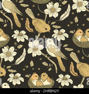 Vintage birds and daisy flowers seamless pattern. Retro illustration Stock Vector