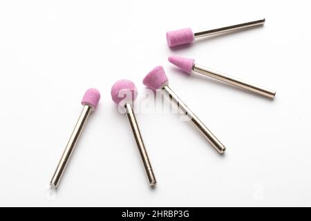 Set of rotary tools ceramic bits to polish glass, metal and stones on white background Stock Photo