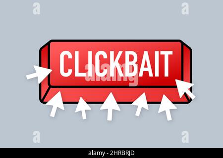 Clickbait red button. Hand click icon symbol. Cursor arrows, push button. Vector stock illustration. Stock Vector