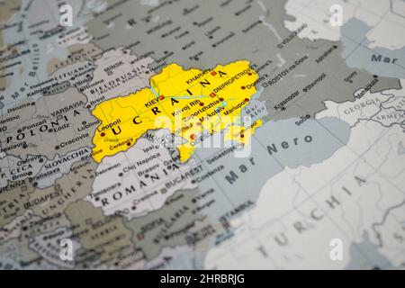 Map of Ukraine. Not war. Ukraine is highlighted in yellow on the map. Stock Photo