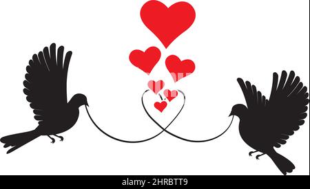 Two doves silhouettes, vector. Flying doves holding wire in shape of a heart, illustration. Flying birds and red hearts isolated on white background. Stock Vector