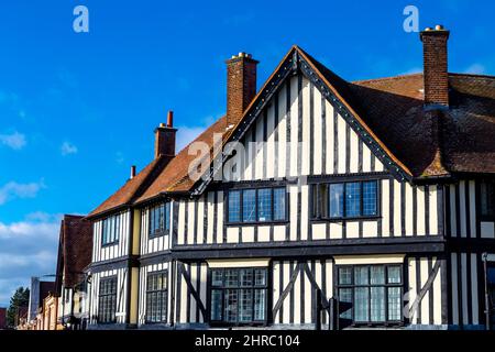 Mock tudor style building at the crossing of Bancroft and Hermitage Road in Hitchin, Hertfordshire, UK Stock Photo