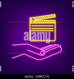 Opened clapperboard in hand. Movie clapperboard neon icon. Vector stock illustration. Stock Vector