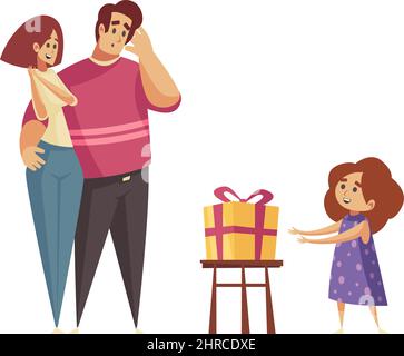 Gift present giving composition with cartoon characters of parents and little girl with gift box vector illustration Stock Vector