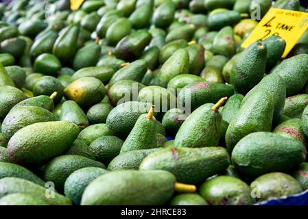 Many bright, delicious green avocados stacked on a supermarket shelf. Stock Photo