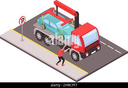 Evacuation of car for wrong parking by tow truck isometric 3d vector illustration Stock Vector