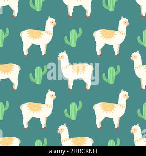 Seamless pattern with lamas and cacti, vector illustration Stock Vector