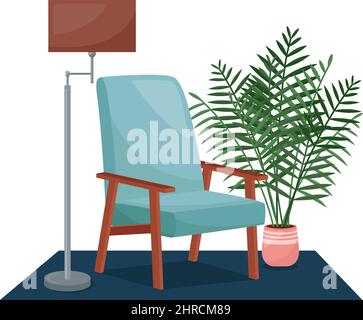 Living room interior. Armchair, floor lamp and houseplant, vector illustration Stock Vector