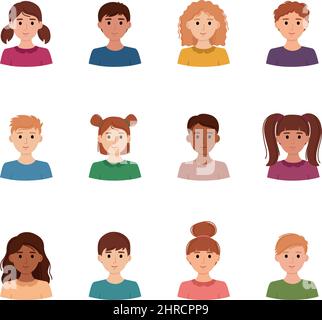 Set of children avatars. Collection of portreits of boys and girls with different skin colors, vector illustration Stock Vector