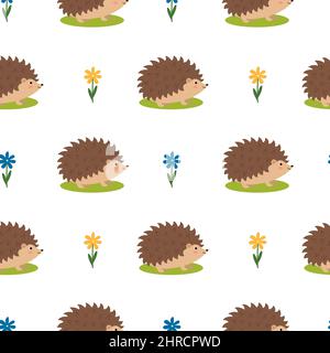 Seamless pattern with cute hedgehogs and flowers, vector illustration Stock Vector