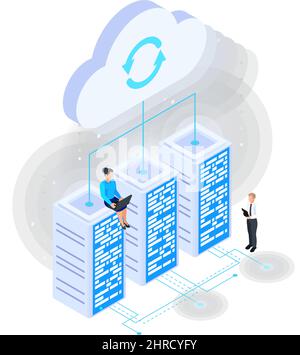 Cloud services isometric composition with cloud connection icons of server racks wired to cloud with sync sign vector illustration Stock Vector