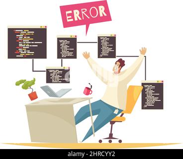 Programmer composition with doodle character of distracted programmer got error in his code vector illustration Stock Vector