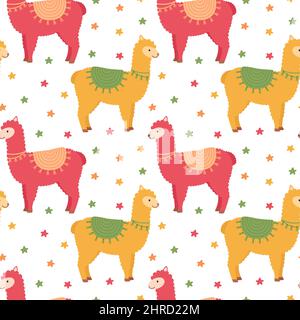 Seamless pattern with lamas and stars, vector illustration Stock Vector