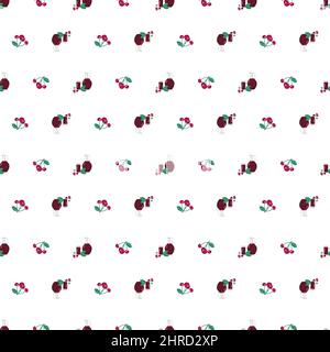 Seamless pattern with Jug and glass of cherry juice or drink with berries and leaves on white background. Sweet print of delicious food and beverage. Vector flat illustration Stock Vector