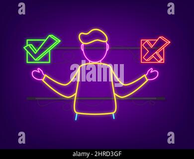 Man choosing between two options yes and no neon icon. Vector stock illustration Stock Vector