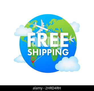 Airplane with label free shipping, E-Commerce, Air Craft. Vector stock illustration. Stock Vector