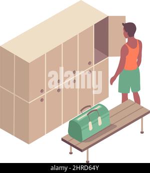 Gym cloakroom interior isometric icon with lockers bench and character of sportsman 3d vector illustration Stock Vector