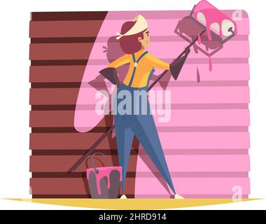 Craftsman composition with female character of wall painter with bucket of pink paint vector illustration Stock Vector