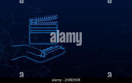 Opened clapperboard in hand. Movie clapperboard plexus icon. Vector stock illustration. Stock Vector