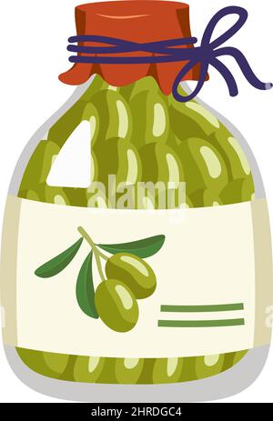 Green olives in closed glass jar. Ready made traditional Greek food, delicious appetizer. Vector flat illustration Stock Vector