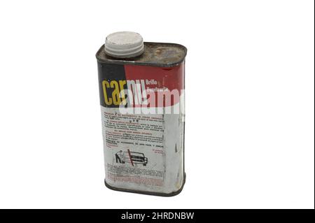 Old can of a car polish on a white background Stock Photo