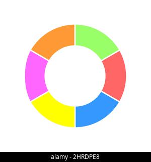 Donut chart. Colorful round diagram divided in 6 equal parts. Infographic wheel icon. Circle shape cut in six sectors isolated on white background. Vector flat illustration Stock Vector