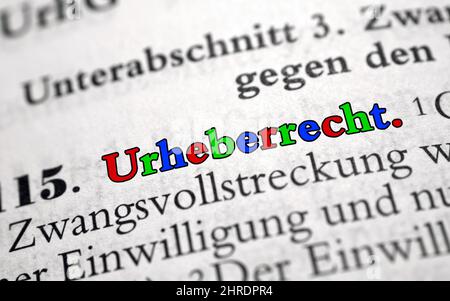 Closeup shot of the highlighted word copyright in german Stock Photo