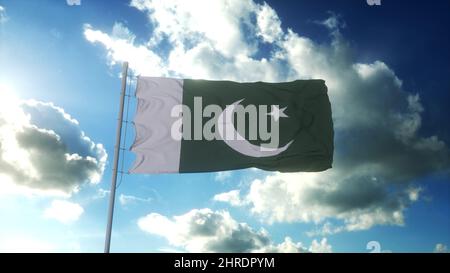 Flag of Pakistan waving at wind against beautiful blue sky. 3d rendering. Stock Photo