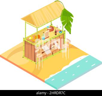 Tropical rest beach bar with various drinks and fruits on seashore isometric icon 3d vector illustration Stock Vector