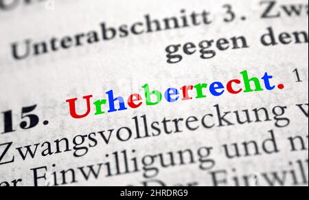 Closeup shot of the highlighted word copyright in german Stock Photo