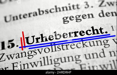 Closeup shot of the highlighted word copyright in german Stock Photo