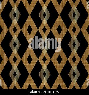 Mid Century Geometric Rhombus Seamless Pattern Design Gold on Black Background with Line Texture Stock Vector