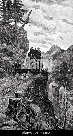 1870s 1880s STAGECOACH ON CURVE ON THE PERILOUS DEADWOOD ROAD THROUGH THE BLACK HILLS OF DAKOTA TERRITORY USA - h9819 HAR001 HARS NORTH AMERICAN MAMMALS ADVENTURE CLIFF DANGEROUS HILLS AND FRONTIER LOW ANGLE RISKY HAZARDOUS JOURNEY OCCUPATIONS PERIL UNSAFE CONCEPTUAL 1870s 1880s STAGECOACH WAGONS EXPANSION WESTWARD AMERICAN WEST JEOPARDY MAMMAL ROADS BLACK AND WHITE BLACK HILLS CURVE HAR001 OLD FASHIONED SD SOUTH DAKOTA Stock Photo