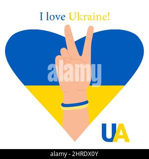 Hand gesture V is victory. hand shows two fingers against background of yellow-blue heart and text in English - I love Ukraine. Colors of Ukrainian fl Stock Vector