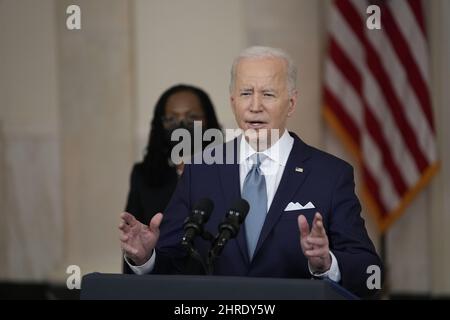 Washington DC, USA. 25th Feb, 2022. United States President Joe Biden makes remarks on his nomination of Judge Ketanji Brown Jackson to serve as Associate Justice of the US Supreme Court, in the Cross Hall of the White House in Washington, DC on Friday, February 25, 2022. Credit: Chris Kleponis/CNP /MediaPunch Credit: MediaPunch Inc/Alamy Live News Stock Photo