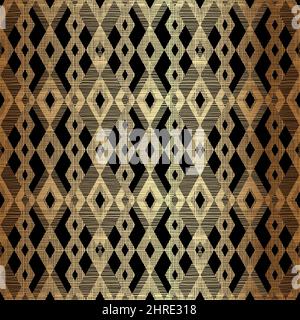 Mid-Century Elegant Gold Geometric Rhombus Seamless Pattern Design on Black Background with Texture Stock Vector