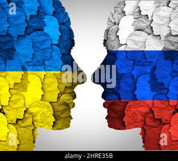 Russia and Ukraine confrontation and tensions as a geopolitical conflict clash between the Ukrainian and Russian nation as a European security. Stock Photo