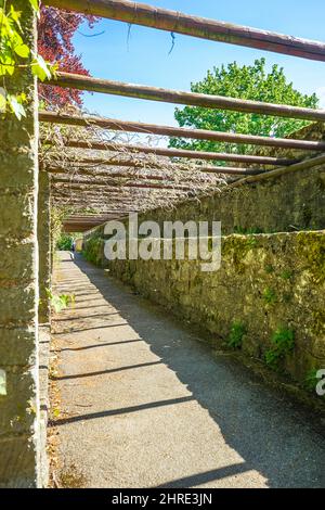 Wooden logs over a pathway against a building Stock Photo