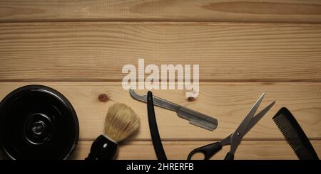 Barber tools on wooden background Stock Photo