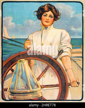 1900s BRUNETTE WOMAN HELMSMAN OF SAILING BOAT WEARS DOUBLE BREASTED JACKET WORDS ON BINNACLE DO NOT TALK TO THE MAN AT THE WHEEL - ky2885 NAW001 HARS 1 FACIAL STEERING SAILING YOUNG ADULT COMPASS VACATION DOUBLE YACHT JOY LIFESTYLE OCEAN SAILOR FEMALES JOBS BOATS HEALTHINESS LUXURY COPY SPACE HALF-LENGTH LADIES PERSONS SAIL SERENITY CONFIDENCE SAILBOAT TRANSPORTATION EXPRESSIONS EYE CONTACT BRUNETTE TIME OFF SKILL OCCUPATION SKILLS ADVENTURE CANVAS HELM TURN OF THE 20TH CENTURY TRIP GETAWAY RECREATION WORDS NOT DIRECTION HOLIDAYS OCCUPATIONS CONCEPTUAL WEARS ESCAPE STYLISH BINNACLE BREASTED Stock Photo