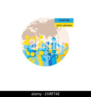 Together with Ukraine. A simple illustration with people in the form of icons, symbols showing solidarity with Ukraine and asking for help. No war Stock Photo