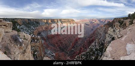 panorama of the Grand Canyon in the winter from the South Rim overlooking Pipe Creek Canyon Stock Photo