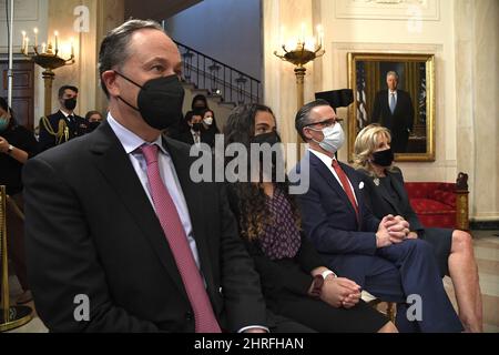 Washington DC, USA. 25th Feb, 2022. Supreme Court nominee Judge Ketanji Brown Jackson's husband, Patrick G. Jackson (2nd, R) and daughter Leila (2nd, L) are seated with First Lady Jill Biden (R) and Second Gentleman Doug Emhoff (L) as they listen to President Joe Biden's announcement, Friday, February 25, 2022, at the White House, Washington, DC. If confirmed, Jackson would be the first Black woman to serve on the high court. Photo by Mike Theiler/UPI Credit: UPI/Alamy Live News Stock Photo