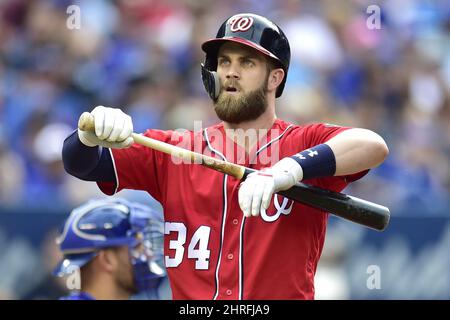 The jersey of Washington Nationals' Bryce Harper is signed on the letters  as he prepares to bat during the inning first inning against the New York  Mets at Nationals Park, Sunday, Sept.